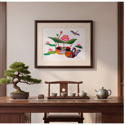 Hand-Embroidered "Mandarin Ducks & Lotus" Framed Art · Crafted Wood Oriental Wall Decor