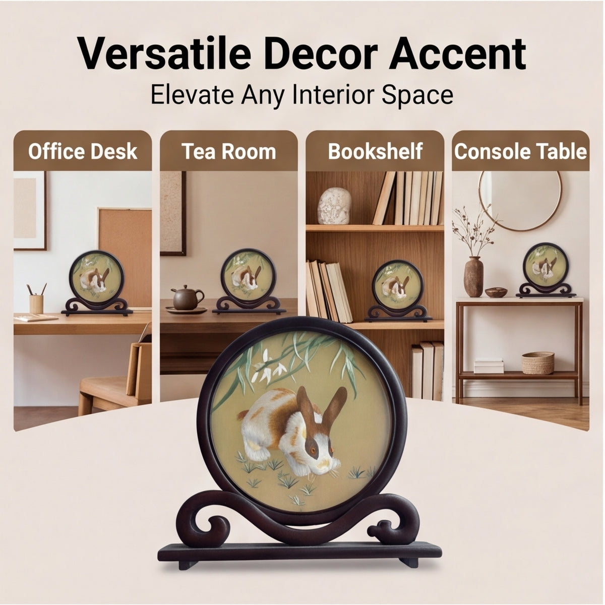 Hand-Embroidered Rabbit Circular Tabletop Accent with Crafted Wood Stand · Traditional Silk-Effect Desktop Decor