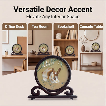 Hand-Embroidered Rabbit Circular Tabletop Accent with Crafted Wood Stand · Traditional Silk-Effect Desktop Decor