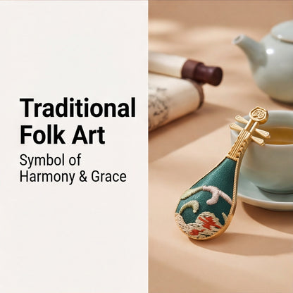 HongAn Stitch Hand Embroidered Pipa Brooch Pin – Chinese Intangible Cultural Heritage Lute Shape Jewelr