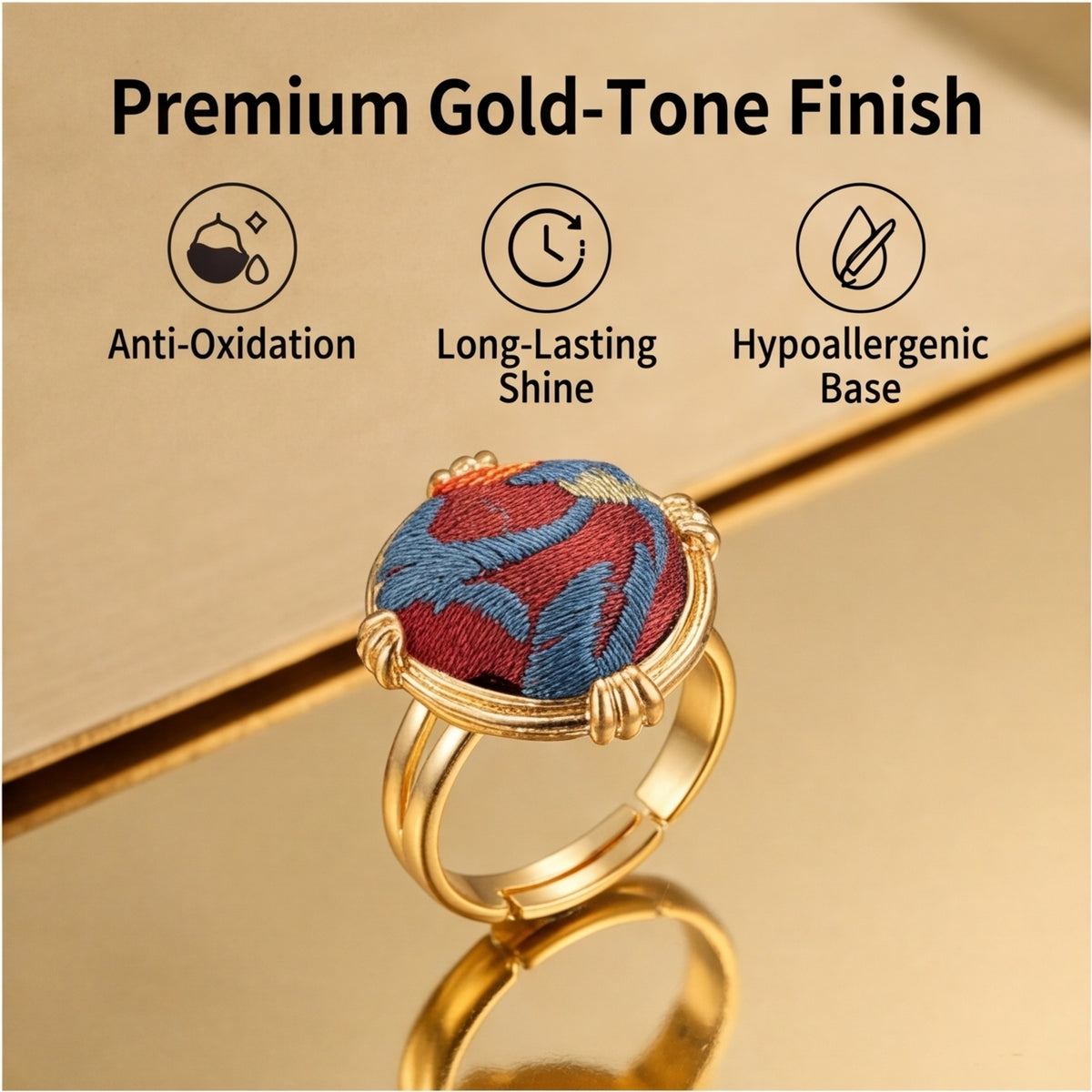 Traditional Chinese Embroidery Ring · Red & Blue Artisan Statement Jewelry