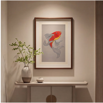 Hand-Embroidered "Scarlet Koi" Framed Wall Accent · Crafted Wood Textile Decor
