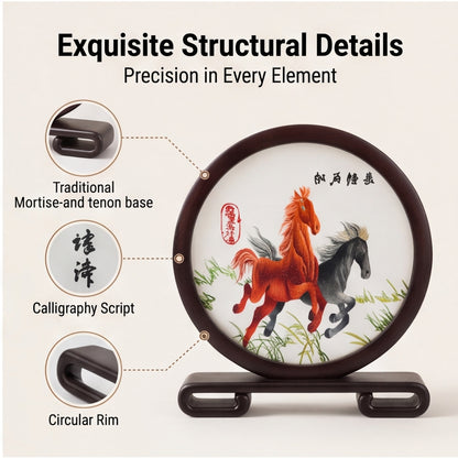 Double-Sided Embroidered Horse Table Decor · Crafted Wood Oriental Desktop Ornamen