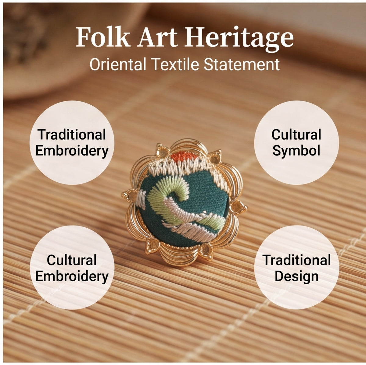 HongAn Stitch Hand Embroidered Fabric Statement Ring – Chinese Intangible Heritage Textile Jewelry & Gift
