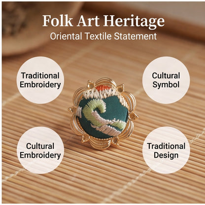 HongAn Stitch Hand Embroidered Fabric Statement Ring – Chinese Intangible Heritage Textile Jewelry & Gift