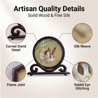 Hand-Embroidered Rabbit Circular Tabletop Accent with Crafted Wood Stand · Traditional Silk-Effect Desktop Decor