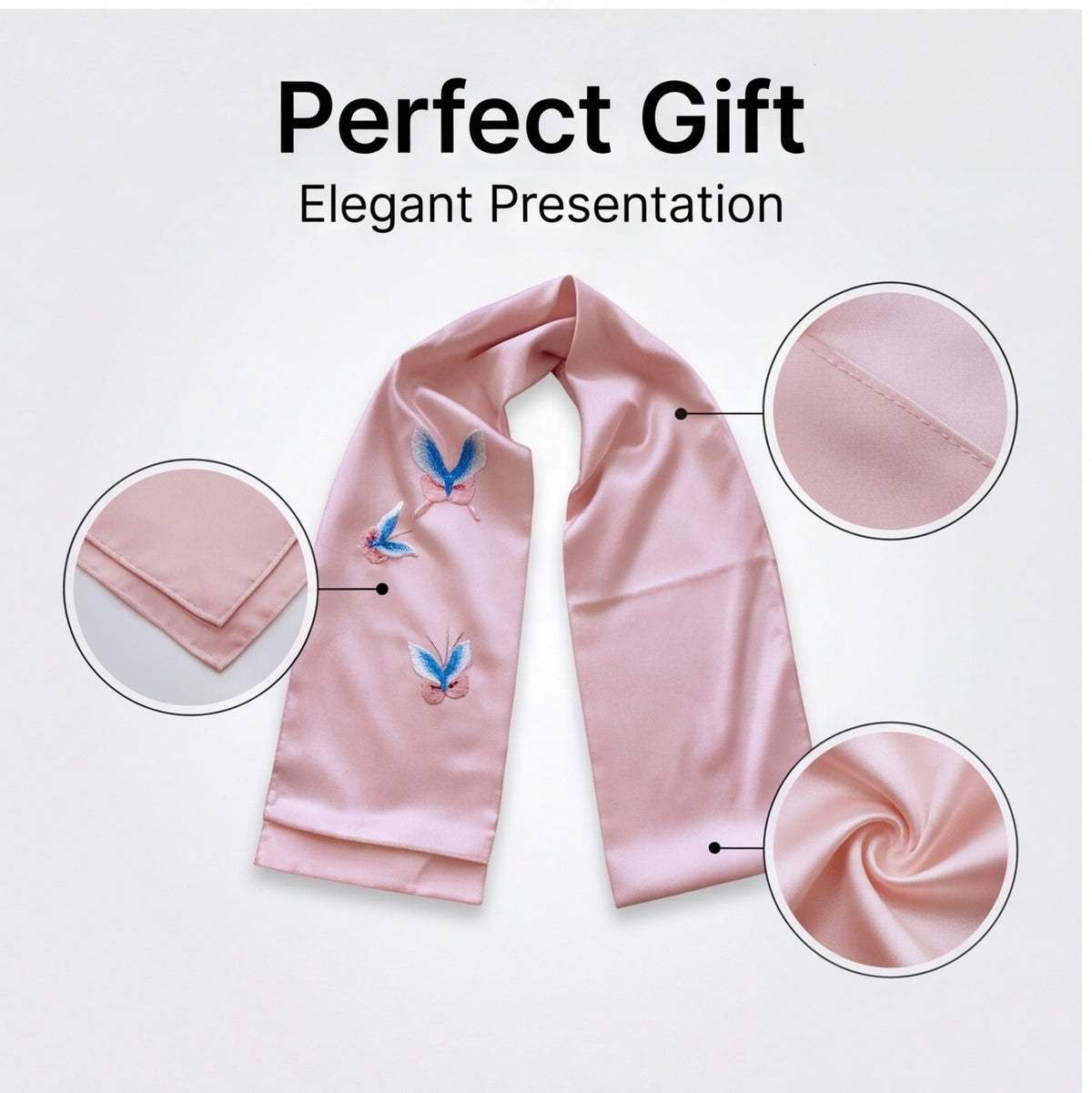 HongAn Stitch Hand Embroidered Butterfly Silk Satin Scarf – Chinese Intangible Cultural Heritage Neck Scarf