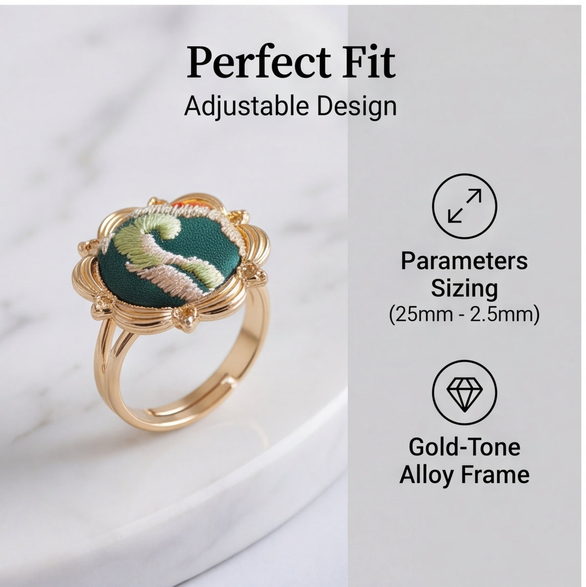 HongAn Stitch Hand Embroidered Fabric Statement Ring – Chinese Intangible Heritage Textile Jewelry & Gift