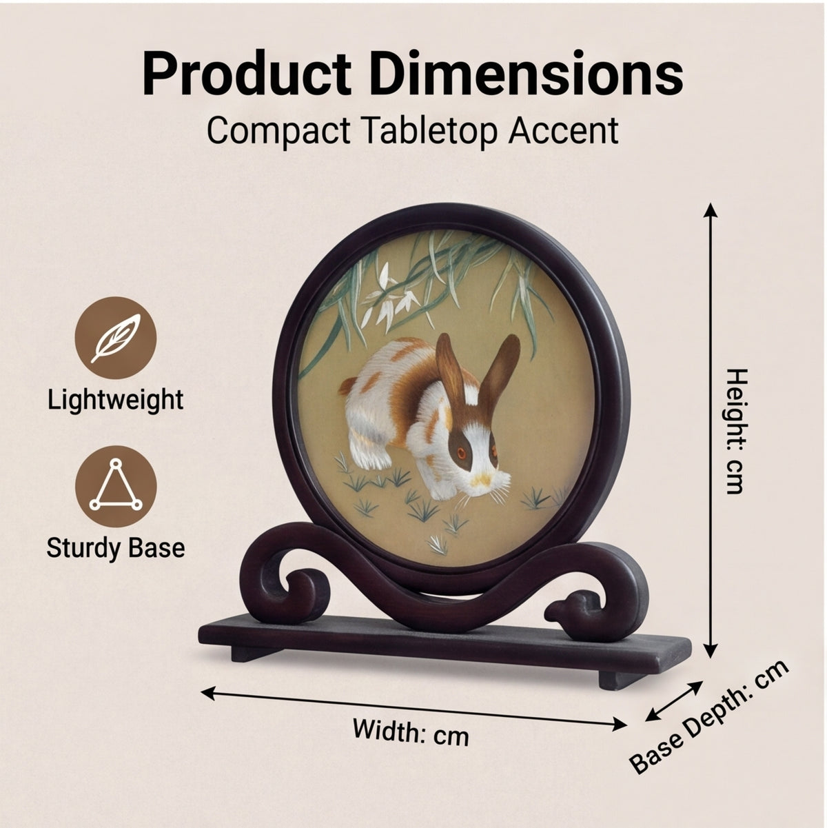 Hand-Embroidered Rabbit Circular Tabletop Accent with Crafted Wood Stand · Traditional Silk-Effect Desktop Decor