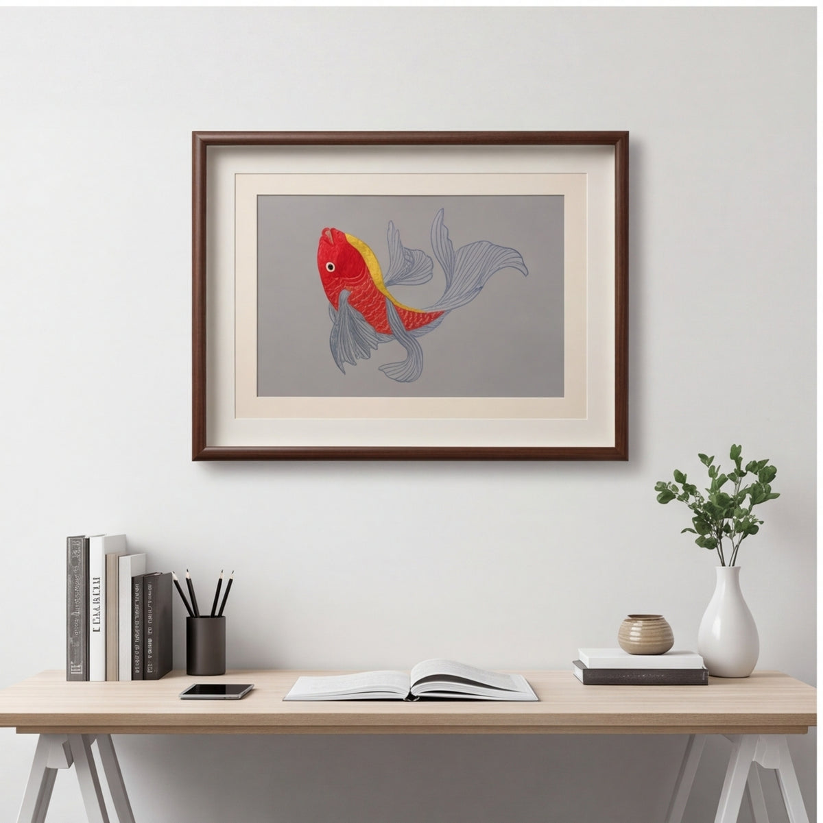 Hand-Embroidered "Scarlet Koi" Framed Wall Accent · Crafted Wood Textile Decor
