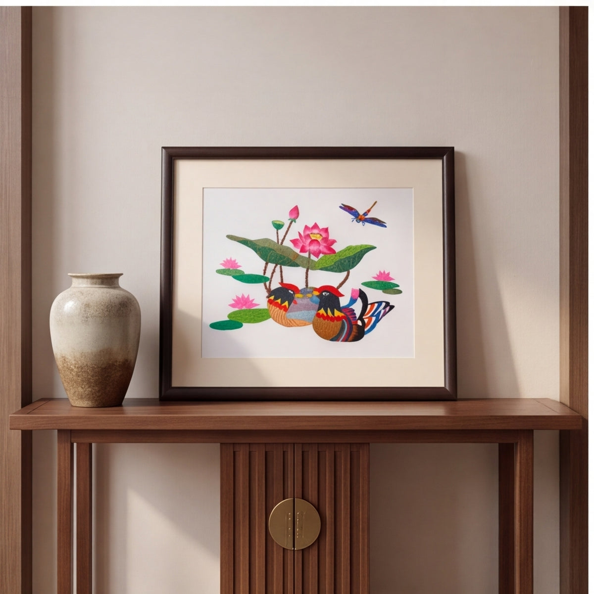 Hand-Embroidered "Mandarin Ducks & Lotus" Framed Art · Crafted Wood Oriental Wall Decor