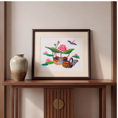 Hand-Embroidered "Mandarin Ducks & Lotus" Framed Art · Crafted Wood Oriental Wall Decor
