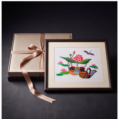 Hand-Embroidered "Mandarin Ducks & Lotus" Framed Art · Crafted Wood Oriental Wall Decor