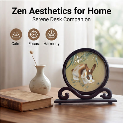 Hand-Embroidered Rabbit Circular Tabletop Accent with Crafted Wood Stand · Traditional Silk-Effect Desktop Decor