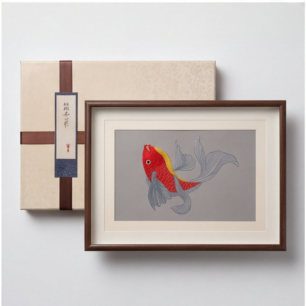 Hand-Embroidered "Scarlet Koi" Framed Wall Accent · Crafted Wood Textile Decor