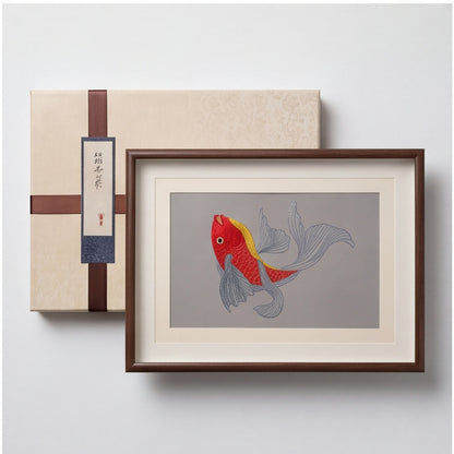 Hand-Embroidered "Scarlet Koi" Framed Wall Accent · Crafted Wood Textile Decor