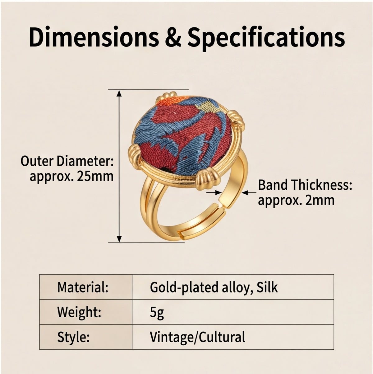 Traditional Chinese Embroidery Ring · Red & Blue Artisan Statement Jewelry