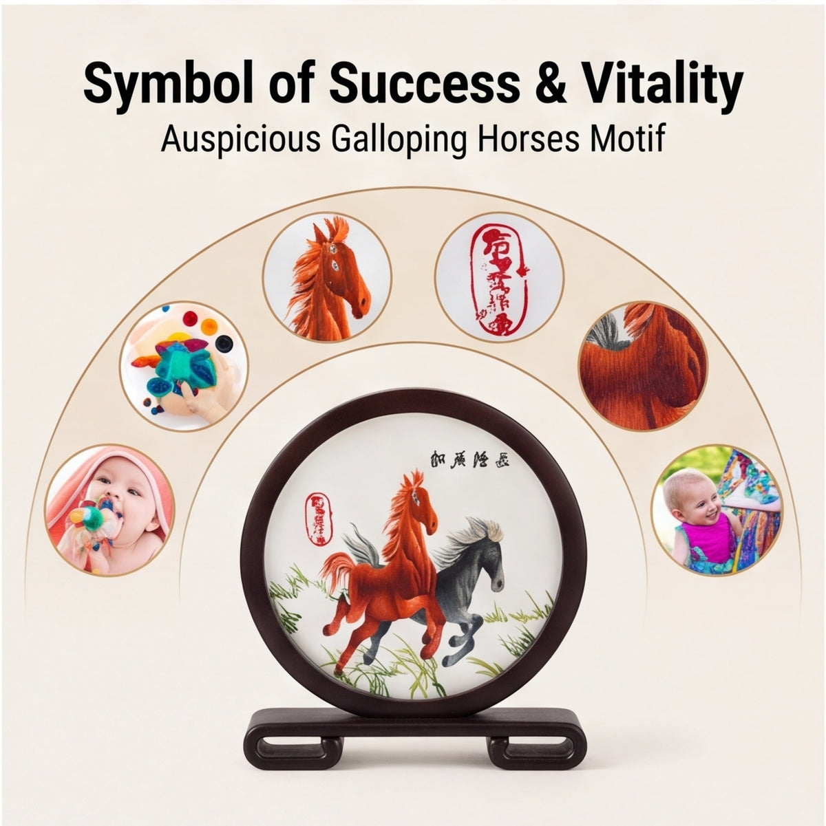 Double-Sided Embroidered Horse Table Decor · Crafted Wood Oriental Desktop Ornamen