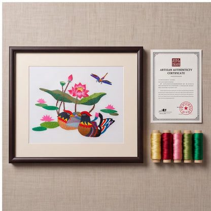 Hand-Embroidered "Mandarin Ducks & Lotus" Framed Art · Crafted Wood Oriental Wall Decor