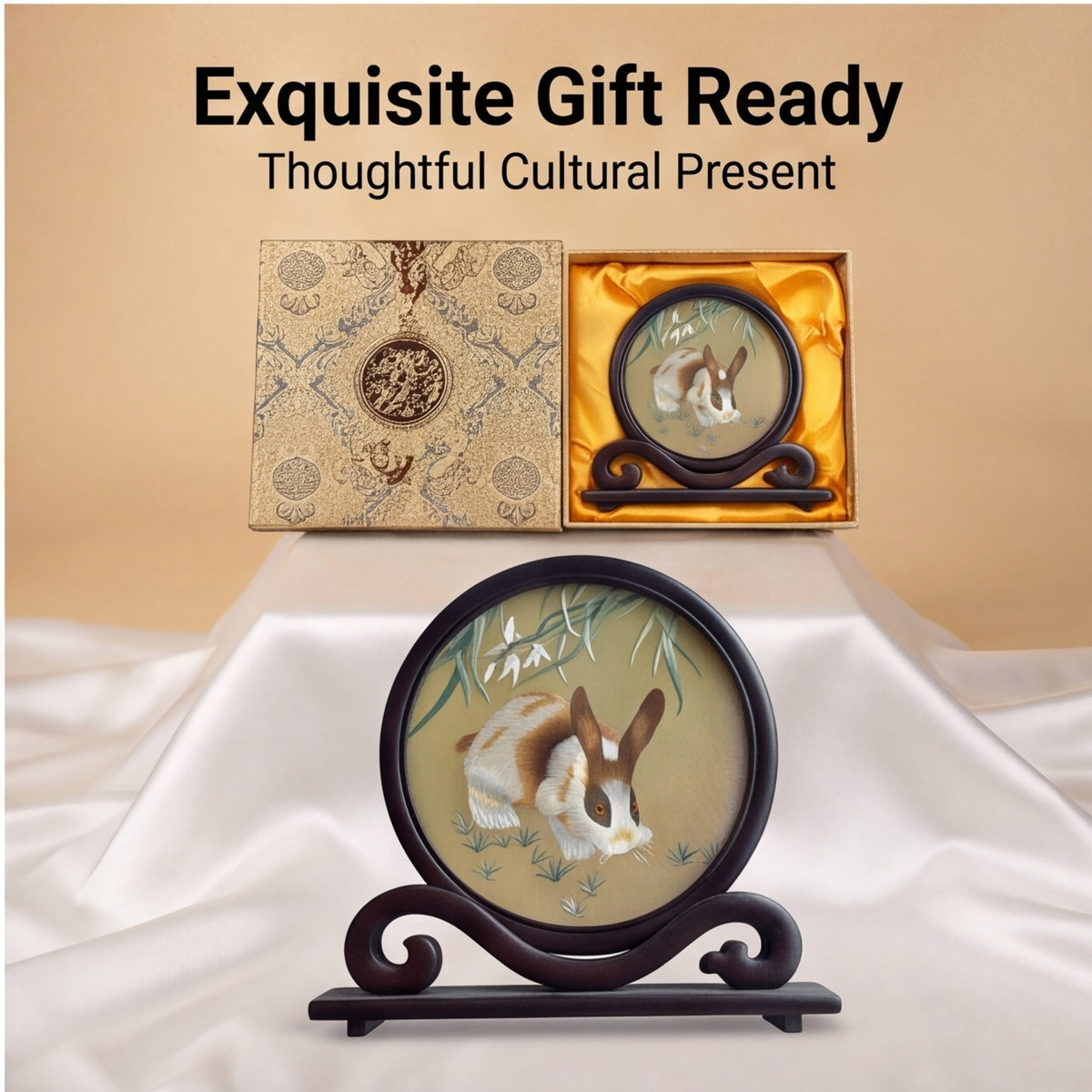 Hand-Embroidered Rabbit Circular Tabletop Accent with Crafted Wood Stand · Traditional Silk-Effect Desktop Decor