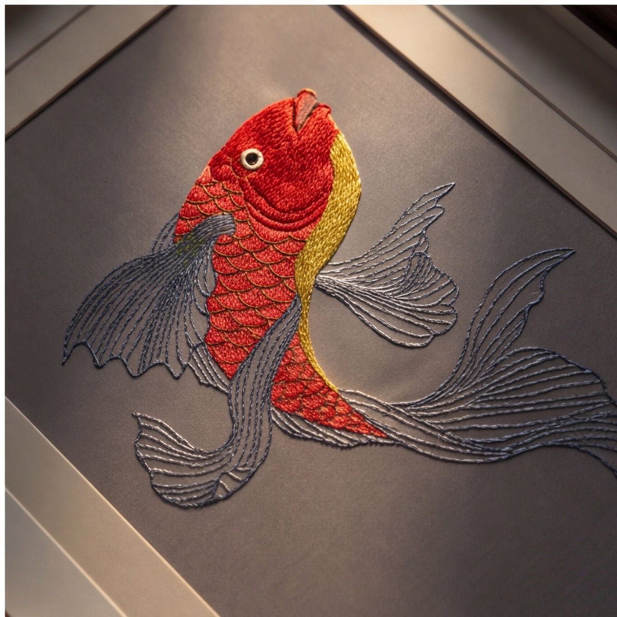 Hand-Embroidered "Scarlet Koi" Framed Wall Accent · Crafted Wood Textile Decor