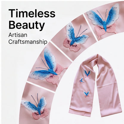 HongAn Stitch Hand Embroidered Butterfly Silk Satin Scarf – Chinese Intangible Cultural Heritage Neck Scarf